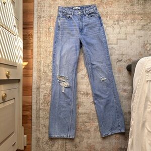 Zara Blue Flare Wide Leg Jeans with High Waist and Distressed Knees